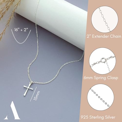 Annika Bella Small Cross Necklace, 925 Sterling Silver Faith Jewelry, Religious Tiny Pendant Charm Necklaces, Gift for Her (Silver) image 2