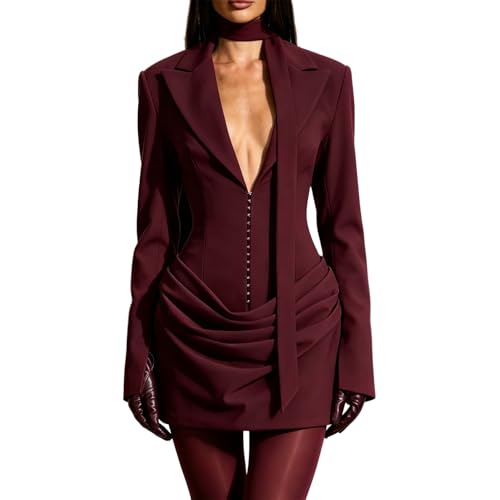 Blentorvista Burgundy Women's Suit V-Neck Long Scarf Blazer & Mini Dress