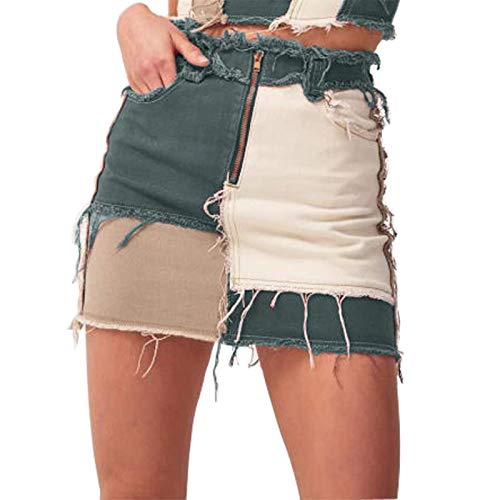 Grimgrow Skirts for Teen Girls, Fashion Mid Waisted Cute Jean Skirts Patchwork Color Block Frayed Raw Hem Stretchy Bodycon Mini Denim Short Skirt Green S