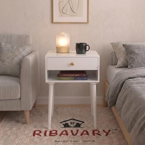 Image of Modern Bedside Table Nightstand with Solid Wood Legs, Practical End Side Table with Drawer Storage for Small Spaces Wooden Bedside Table, Coffee Table, Living Room /Bedroom (White)