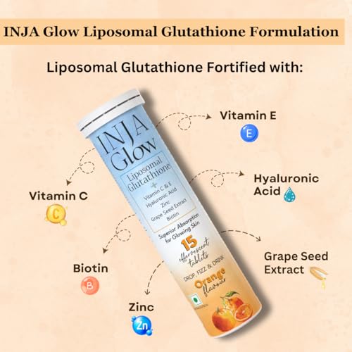 Image of INJA Glow Liposomal Glutathione with Vitamin C & E, Hyaluronic Acid, Zinc, Biotin & Grape Seed Extract, 4x More Effective, Reduces Dark Spots, Enhances Skin Glow & Collagen, Orange Flavour, 15 Tablets