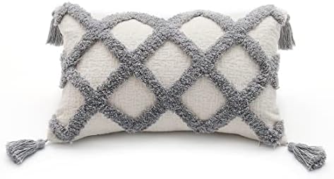 Grey Boho Lumbar Throw Pillow Cover 12x20 Inches with Tassels, Elegant Plaid Tufted Design Soft Cream Chenille Decorative Cushion Case for Bed Couch and Living Room, 1 PC (No Insert)
