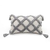 Grey Boho Lumbar Throw Pillow Cover 12x20 Inches with Tassels, Elegant Plaid Tufted Design Soft Crea