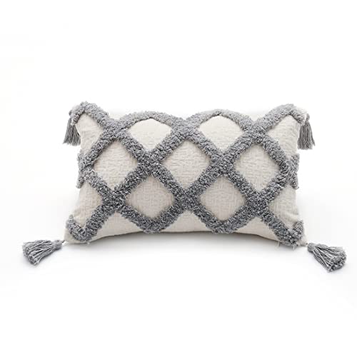 Grey Boho Lumbar Throw Pillow Cover 12X20 Inches With Tassels, Elegant Plaid Tufted Design Soft Cream Chenille Decorative Cushion Case For Bed Couch And Living Room, 1 Pc (No Insert) #TOP2