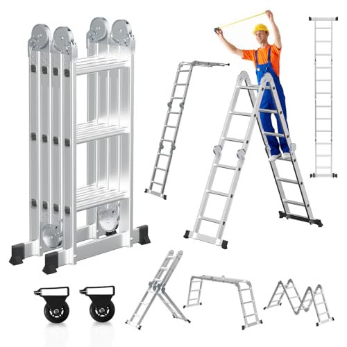 Joparri Échelle multifonction 4 x 3 360 cm 7 en 1 en aluminium avec 2 plateformes et 2 roues de transport jusqu'à 150 kg Échelle multifonction Échelle pliante Échelle multifonction