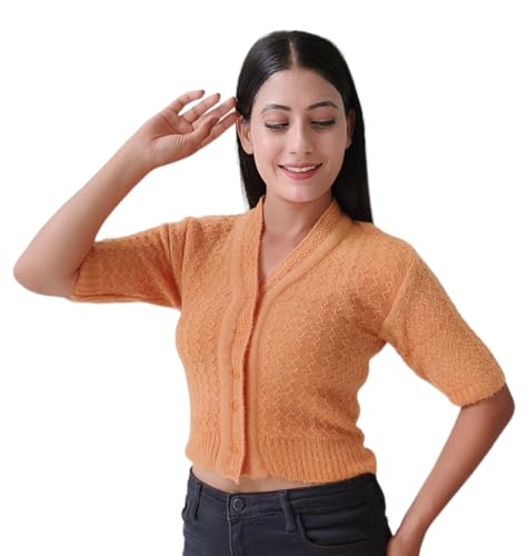 Image of Kuku Hosiery Designer V Neck Half Sleeves Saree Blouse & Crop Sweater for Women| Crop Winter top|Winter wear for Adult Girls /Women