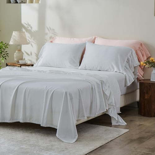 Simple&Opulence 100% Organic Cotton Sheet Set, Long Ruffle Bed Sheets (1 Flat Sheet, 1 Fitted Sheet and 2 Pillowcases) Elegant Shabby Chic Bedding Farmhouse Charming Vintage - White, Queen