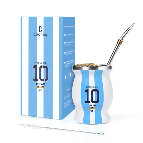 Argentina Captain No.10 Yerba Mate Gourd, termo de acero inoxidable de doble pared para mantener caliente/café helado, yerba mate, agua, té y cerveza, con pajita de bombilla, cepillo de limpieza