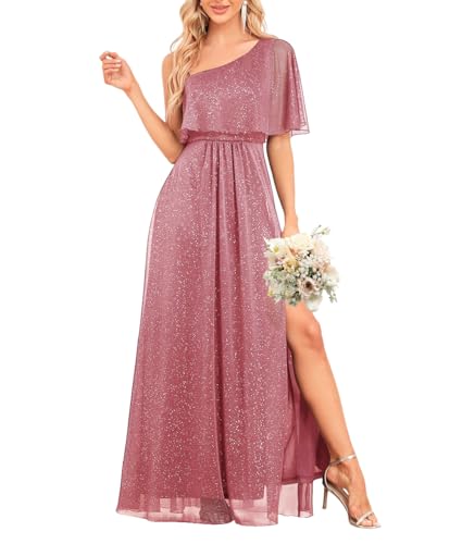 YHHOWEP Women Glitter Bridesmaid Dresses One Shoulder Wedding Guest Dress with High Split A Line Formal Evening Gowns Long Dusty_Pink M