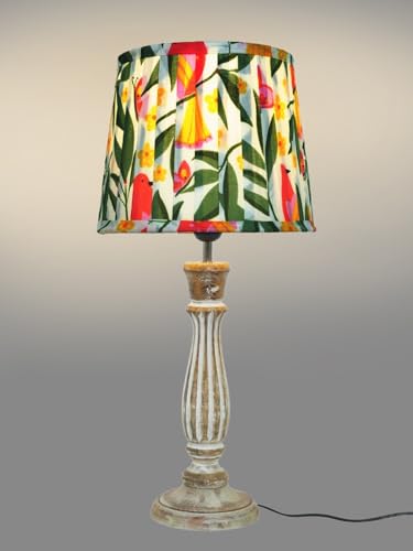 Image of Green Girgit Athens Wooden Lamp in Distress White Color with Pleeted Multiolor Yellow Leaves Shade, Vintage Style Table Lamp with Tropical Print Shade, Decorative Bedroom Lighting (LED Bulb Included)