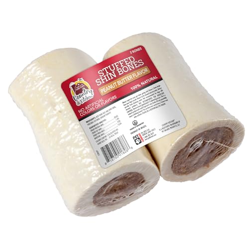 Country Kitchen Stuffed Shin Bone Peanut Butter Flavor Dog Treat 100% Natural Long Lasting 2 Small Bones 3-4 Inches