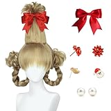 Probeauty Christmas Wig Long Blonde Braid Wigs for Women Girls Halloween Costume Cosplay Hair Wigs with Ribbon Bow + Earrings + Wig Cap