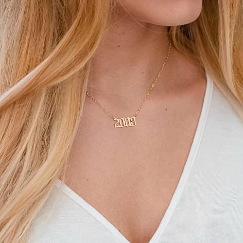 M MOOHAM Birth Year Necklace for Women, 18K Gold Plated Old English Birth Year Number Pendant Necklace Jewelry Gifts for Women Birthday Anniversary, 1970-20213
