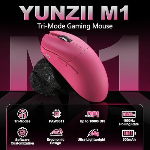Image of YUNZII M1 Wireless Gaming Mouse, Tri-Mode 2.4G /BT /Wired Gaming Mouse, PAW3311 Sensor 10000 DPI Rechargeable Wireless Mouse with 5 Programmable Buttons, Customizable via Software for Win & Mac (Pink)