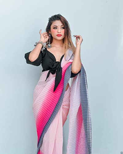 Image of Sidhidata Women's Full Crushed /Pleated Georgette Saree With Unstitched Blouse Piece (Free Size)