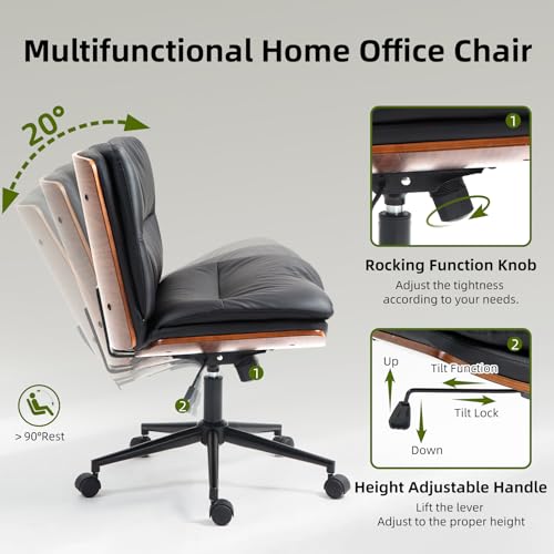 Office Chair, Criss Cross Legged Office Desk Chairs with Wheels, PU Leather Adjustable Swivel Walnut Task Chair with Wide Seat, Ergonomic Mid Back Computer Chair for Meeting Room, Home - Image 5
