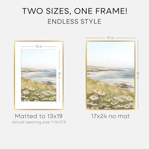 Image of Homeforia 17x24 Picture Frame Gold, High End Metal 17x24 Poster Frames with Mat 13x19 Photo, 17 x 24 Gold Frame Matted to 13 by 19 Print, 24by17 Thin Hanging Frames, Tempered Glass, Wall Kit, Set of 2
