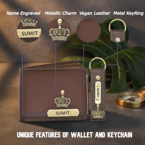 Image of Customised Men's Wallet & Keychain Combo Set | Personalised Name Printed | Vegan Faux Leather Slim Wallet | Stylish Gift for Husband, Boyfriend & Men