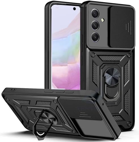 Image of SPAZY CASE Samsung Galaxy F36 Back Cover | Heavy Duty Hybrid Case with 360 Degree Rotating Finger Ring Holder + Slider Shutter Camera Protection Case for Samsung Galaxy F36 - Black