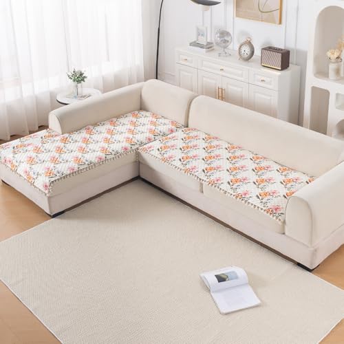 Image of HOKIPO Painterly Floral L Shape (2+2 Seater) Sofa Seat Mat with Tassel| Quilted Sofa Cover Mat, 'Tassel Twigs' Series (IN-983-T8 + IN-984-T8)