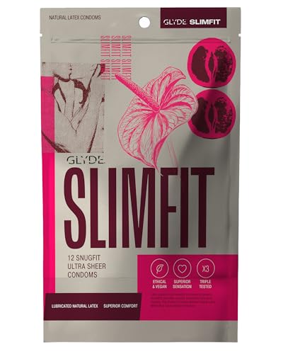 GLYDE Slimfit - Snug Fit Condoms - 12 Count - Ultra-Thin, Vegan, Smaller Size Natural Rubber Latex - 49mm for Tighter Fit