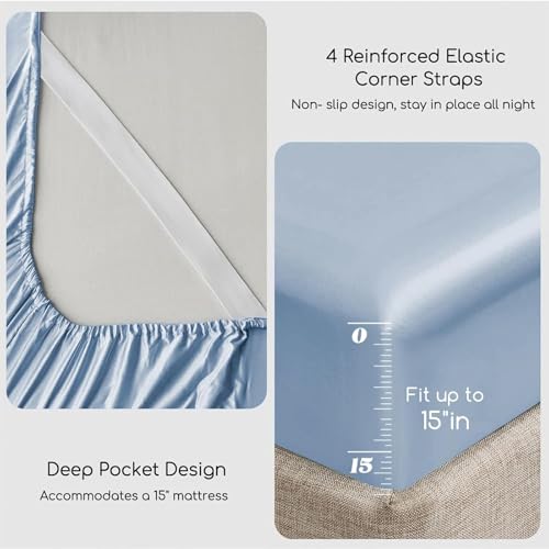 Image of MR&HM Satin Bed Sheets with Elastic Corner Straps, King Size Sheets Set, 4 Pcs Silky Bedding Set with 15 Inches Deep Pocket for Mattress (King, Blue Haze)