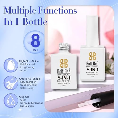 Image of Bolt Bee 8in1 Nail Glue Gel - Builder Gel for Nail Extension, Repair, Strengthening, Apex Building, Blooming & Rhinestone Fixing - Soak Off UV /LED Gel, 15ml