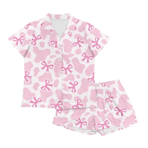 Image of Renewold Button Down Womens Pajama Set Short Sleeve Loungewear Bow Nightwear Sleepwear Night Suit Tops Shorts 2 Pieces