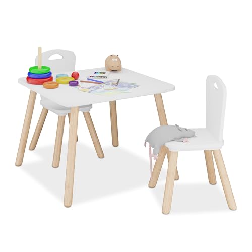 Relaxdays Mesa y 2 Sillas Infantiles, Conjunto Mobiliario Niños 3 Piezas, Set Muebles Dormitorio, Blanco y Natural