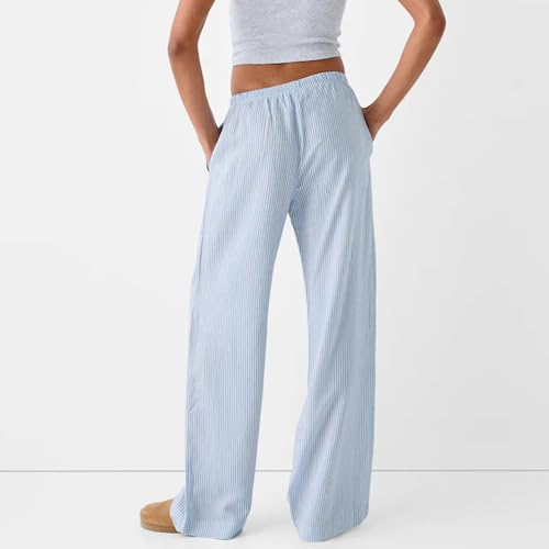 Damen Gestreifte Hose Leichte Lange Sommerhose Lose Fit Freizeithose Elastische Taille Hosen Streetwear Loungewear – Bild 4