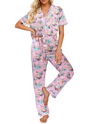 Image of Ekouaer 2 Piece Satin Short Sleeve Pajamas Set Button Down Sleepwear | Soft Pjs Set Classic Loungewear for Wedding, Party, Home, Daily Wear, Date Nights
