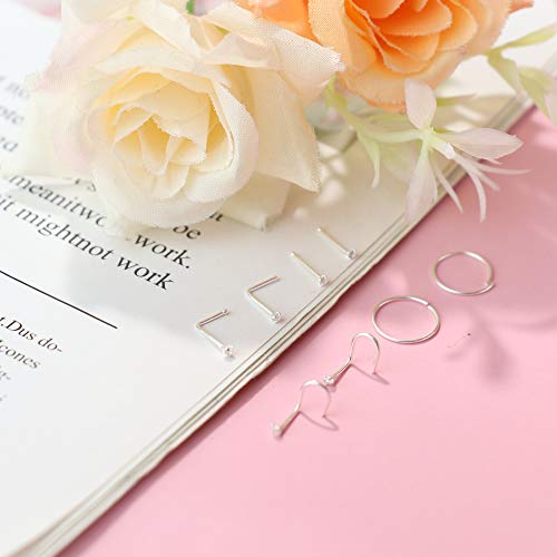 Sllaiss 22G 925 Sterling Silver Nose Rings Studs L Shaped Cz Nose Rings Hoop For Women Men Corkscrew Nose Rings Helix Piercing Jewelry Set Cartilage Earrings Hoop Tragus 8Pcs (3) #TOP3