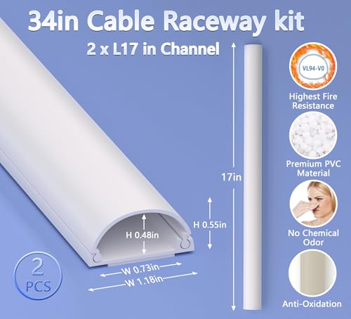 Image of ZhiYo 34in Cord Hider for 2-3 Wall-Mounted TV Wires, 1.2 inchW x 0.55 inchH, White