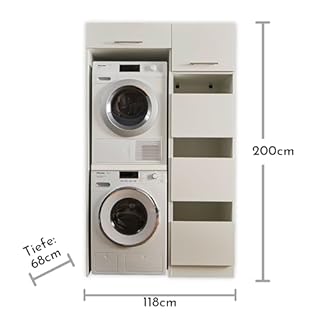 Stella Trading LAUNDREEZY Armoire de Superposition pour Lave-Linge et Sèche-Linge - Blanc - Pratique et Rehaussée - 117,5 x 200 x 67,5 cm (L/H/P)