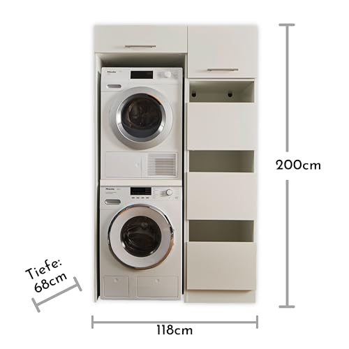 Laundreezy Waschmaschinenschrank für Trockner und Waschmaschine, Wäscheschrank und Schrankaufsatz, Weiß - Praktischer Waschmaschinen-Überbauschrank - 117,5 x 200 x 67,5 cm (B/H/T)