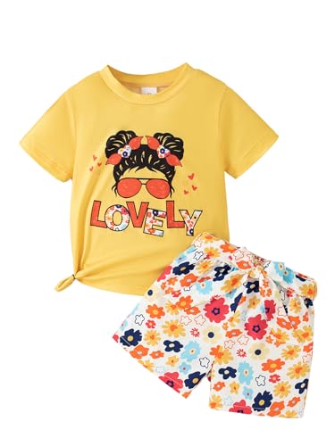 Image of Girl's 2 Pcs Outfits Short Sleeve Graphic T-Shirt Top and Paperbag Waist Shorts Set with Belt