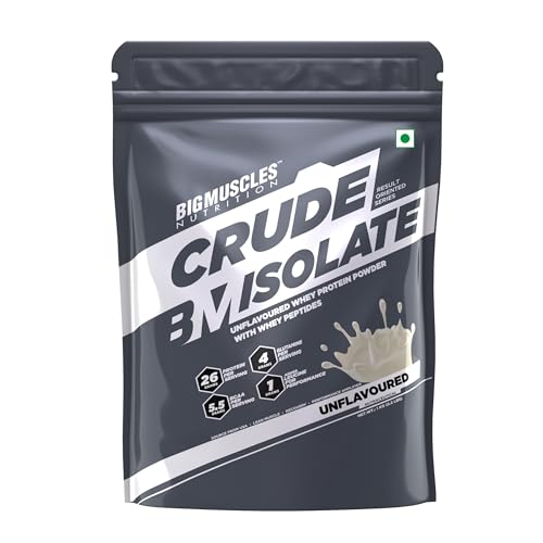 Image of Bigmuscles Nutrition Crude Isolate 1kg, 26g Whey Protein Isolate with Whey Peptides | US FDA REGD. BRAND | 0g Sugar, 1g Added Leucine, 5.5g BCAA