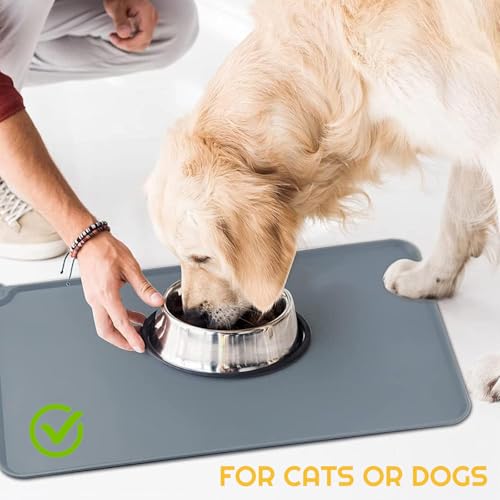 Dog & Cat Food Mat - Non Slip, Waterproof, Silicone Mat with Bowls (47x30cm, Grey) - Image 6
