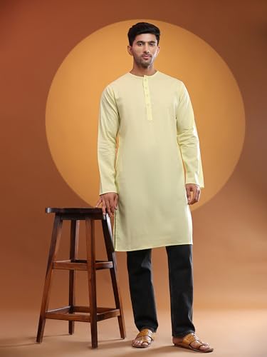Image of Amazon Brand - Anarva Men's Cotton Solid Round Neck Kurta Long Sleeves Straight Knee Length Casual Shirt