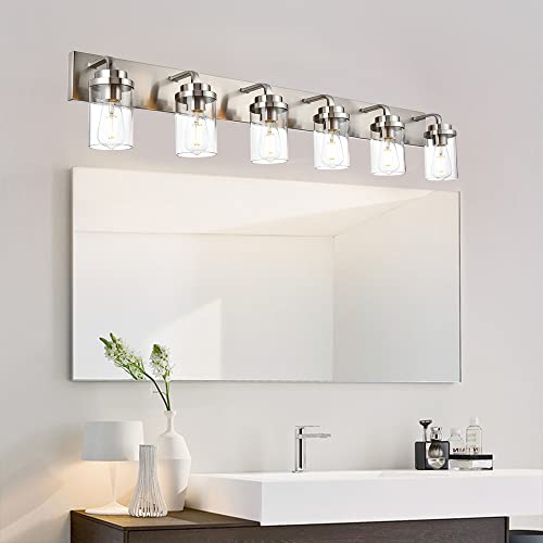 Bonlicht 6 Light Brushed Nickel Wall Light Fixture Modern Bathroom Vanity Light Over Mirror With Clear Glass Shade Sconces Wall Lamp Industrial Metal Base Wall Mounted Lighting For Cabinet Corridor #TOP2