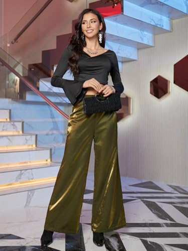 Women's High Waisted Wide Leg Satin Pants Elegant Zip Back Casual Long Trousers4