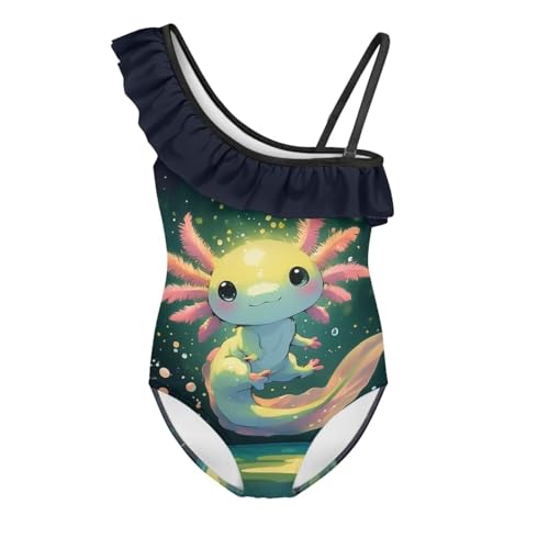 Image of WELLFLYHOM Axolotl Girls One Piece Swimsuits 3-14 Ruffle One Shoulder Bathing Suits Full Coverage Beachwear