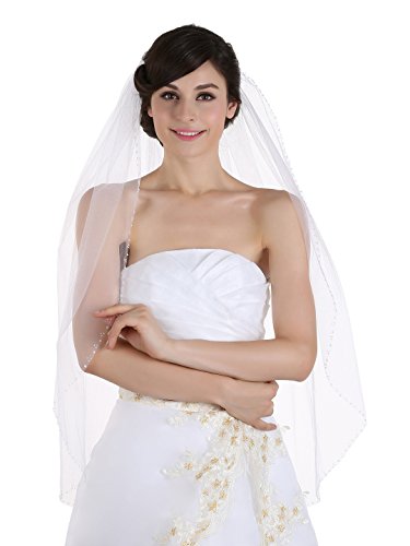 1T 1 Tier Beaded Edge Bridal Wedding Veil - White Fingertip Length 36"