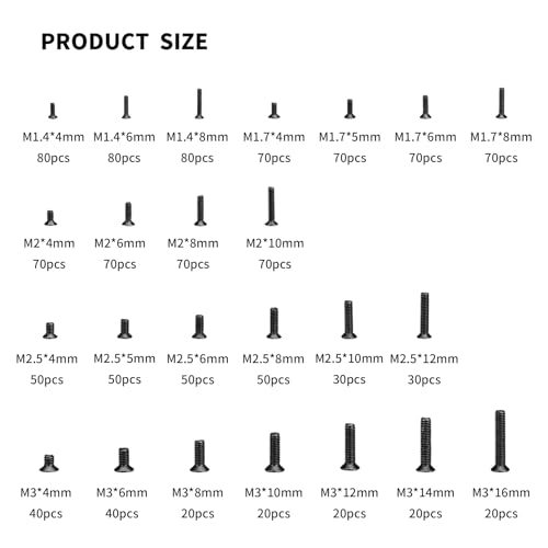 Vwoqiy 1240 Stück Kleine Schrauben Sortiment Kit, Senkkopfschrauben, Mikroschrauben Maschinenschrauben, Gewindeschrauben Set, Brillenschrauben, Uhrenbrille Computer Schrauben, M1.4/M1.7/M2/M2.5/M3