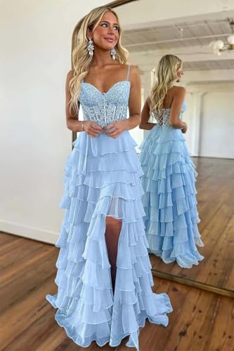 Lace Tiered Prom Dress with Slit 2025 Ruffle Sweetheart Spaghetti Strap Chiffon Formal Evening Dress4