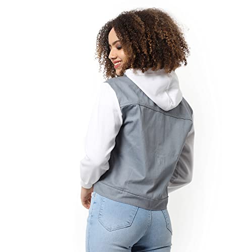 Image of Campus Sutra Women Grey & White Regular Fit Denim Jacket For Winter Wear | Collared Neck | Full Sleeve | Buttoned | Casual Jacket For Woman & Girl | Western Stylish Jacket For Women