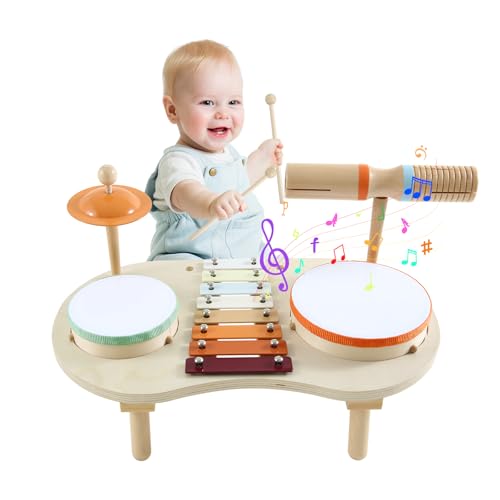 Wooden Kids Drum Set, Wooden Toys, Wooden Drum Set, Musical Instruments for 3 4 5 Years Old Kids, Musical Toys Gifts for Children Girls Boys