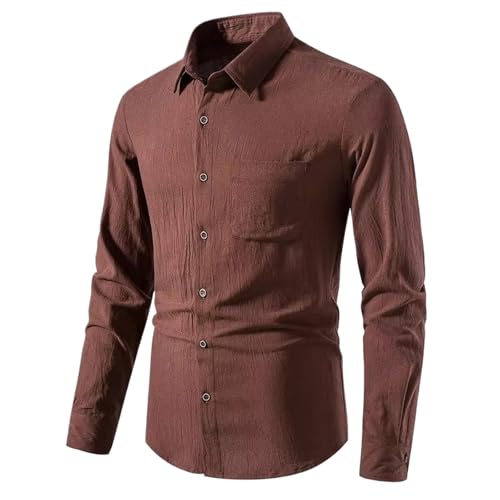 Chemise en coton et lin pour hommes chemisier couleur unie coupe ajustée manches longues