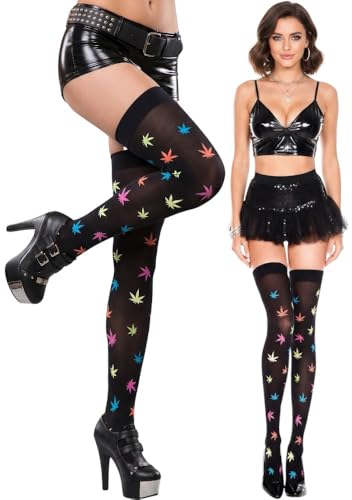 Image of ToBeInStyle Women's Thigh High Stockings Bodystocking Tights Medicinal Cannabis Marijuana Weed Leaf Print Festival Hosiery