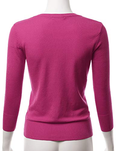 EIMIN Women's 3/4 Sleeve V-Neck Button Down Stretch Knit Cardigan Sweater Magenta S - Thumbnail 4